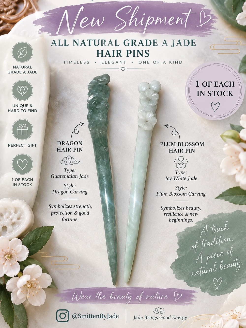 Green & Icy White Jade Hair Pins – Dragon & Plum Blossom